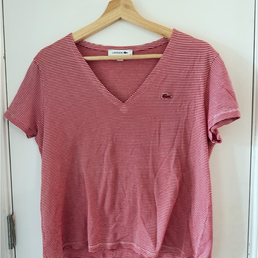 Lacoste Women's Red and White Striped V-Neck Tee